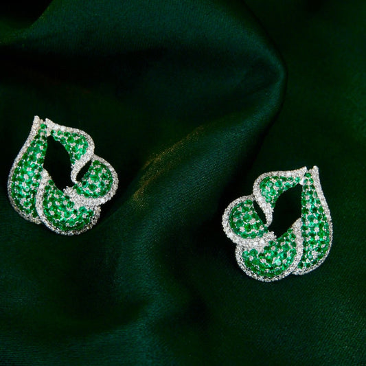 Fancy High Jewelry : 18K Solid Gold Genuine Emerald and Diamond Earrings, Wedding Earrings