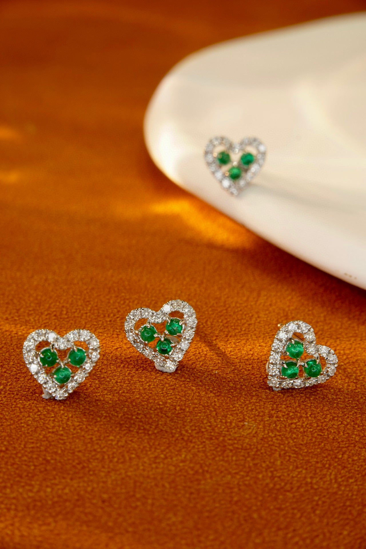 Lovely 18K Solid Gold Genuine Emerald Diamond Heart Stud Earrings, Wedding Earrings