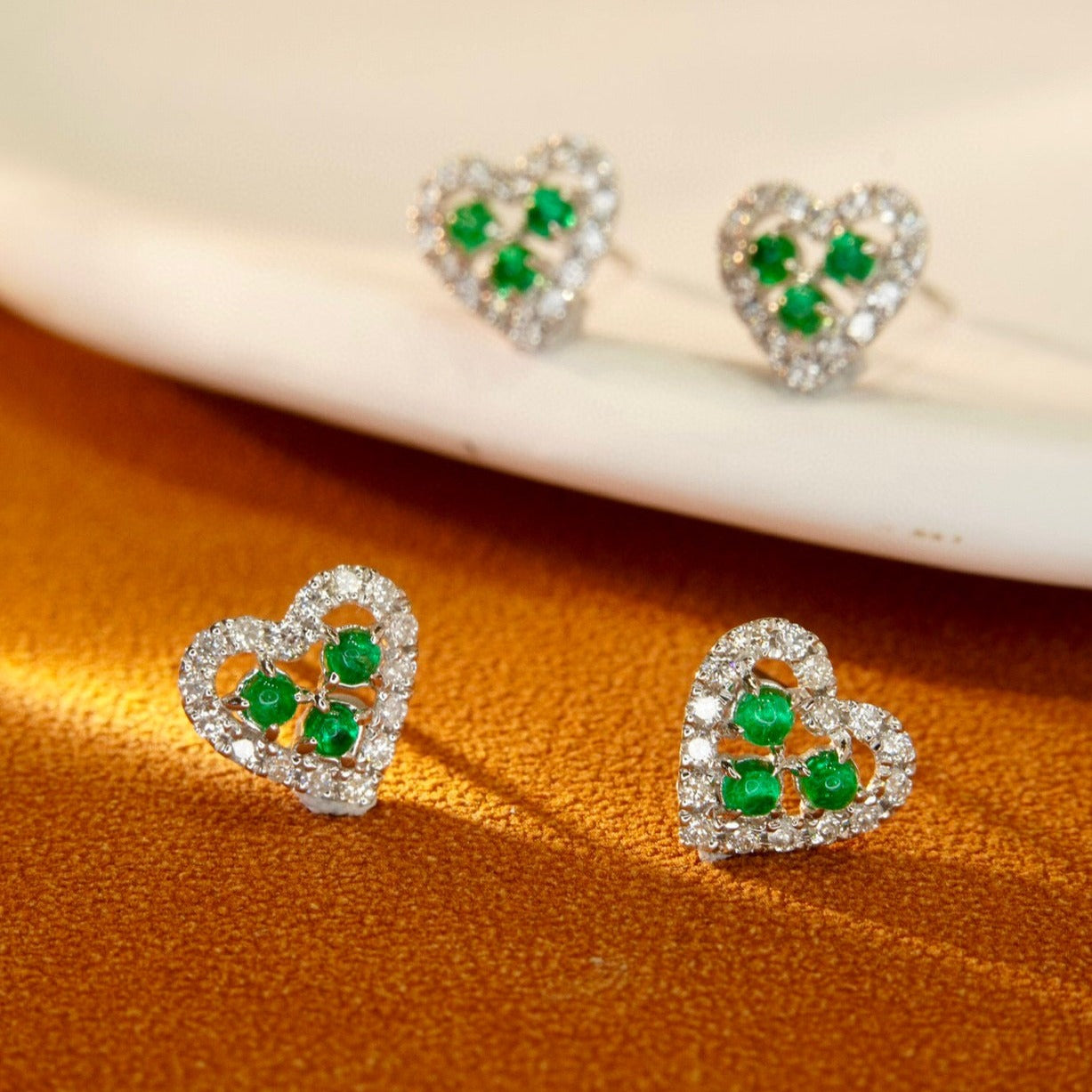 Lovely 18K Solid Gold Genuine Emerald Diamond Heart Stud Earrings, Wedding Earrings