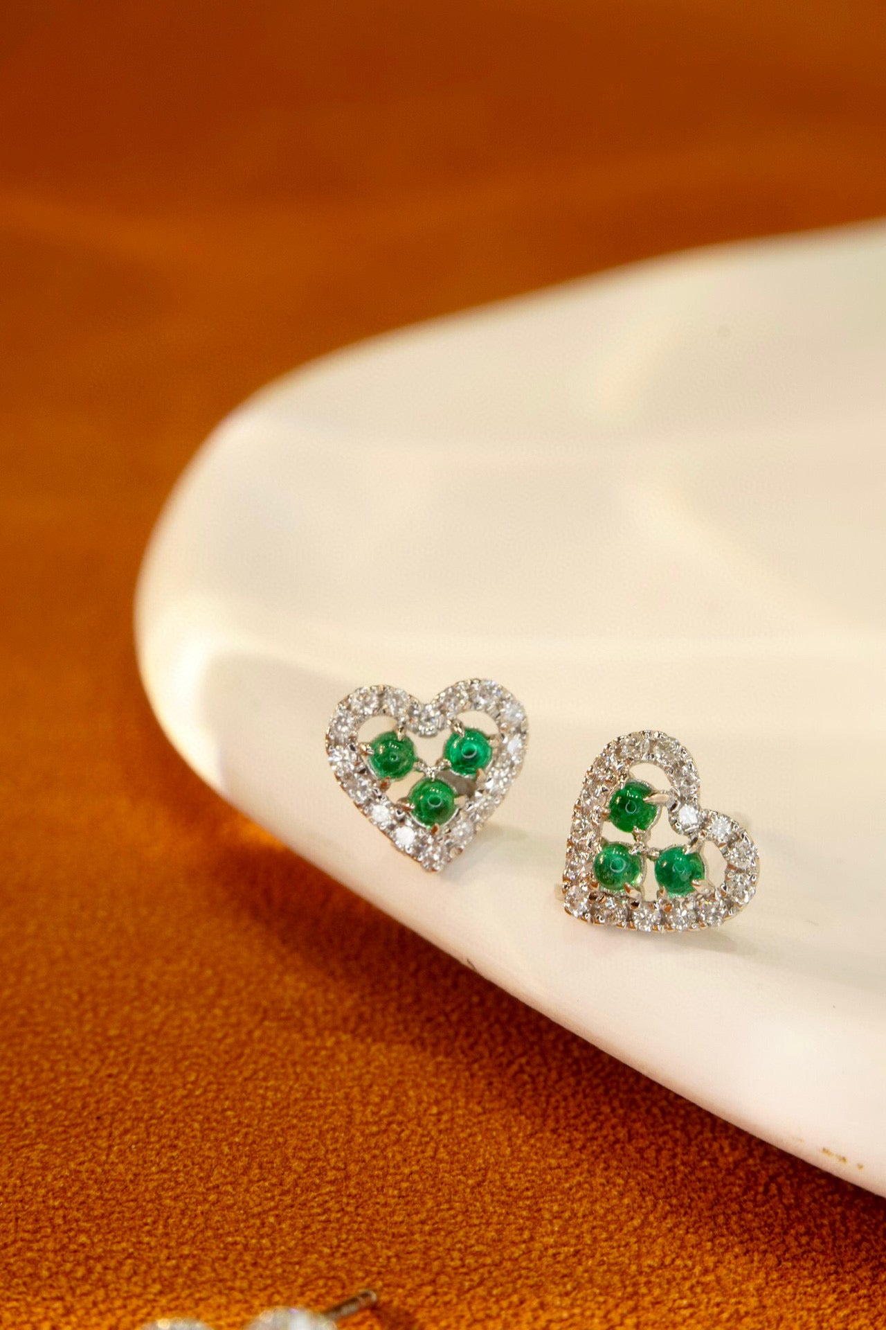 Lovely 18K Solid Gold Genuine Emerald Diamond Heart Stud Earrings, Wedding Earrings