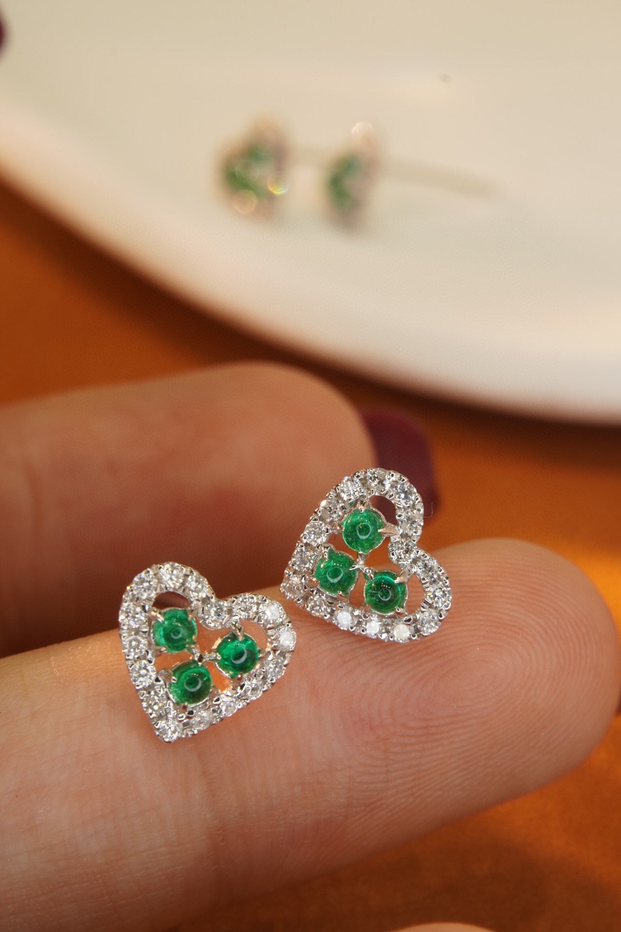 Lovely 18K Solid Gold Genuine Emerald Diamond Heart Stud Earrings, Wedding Earrings