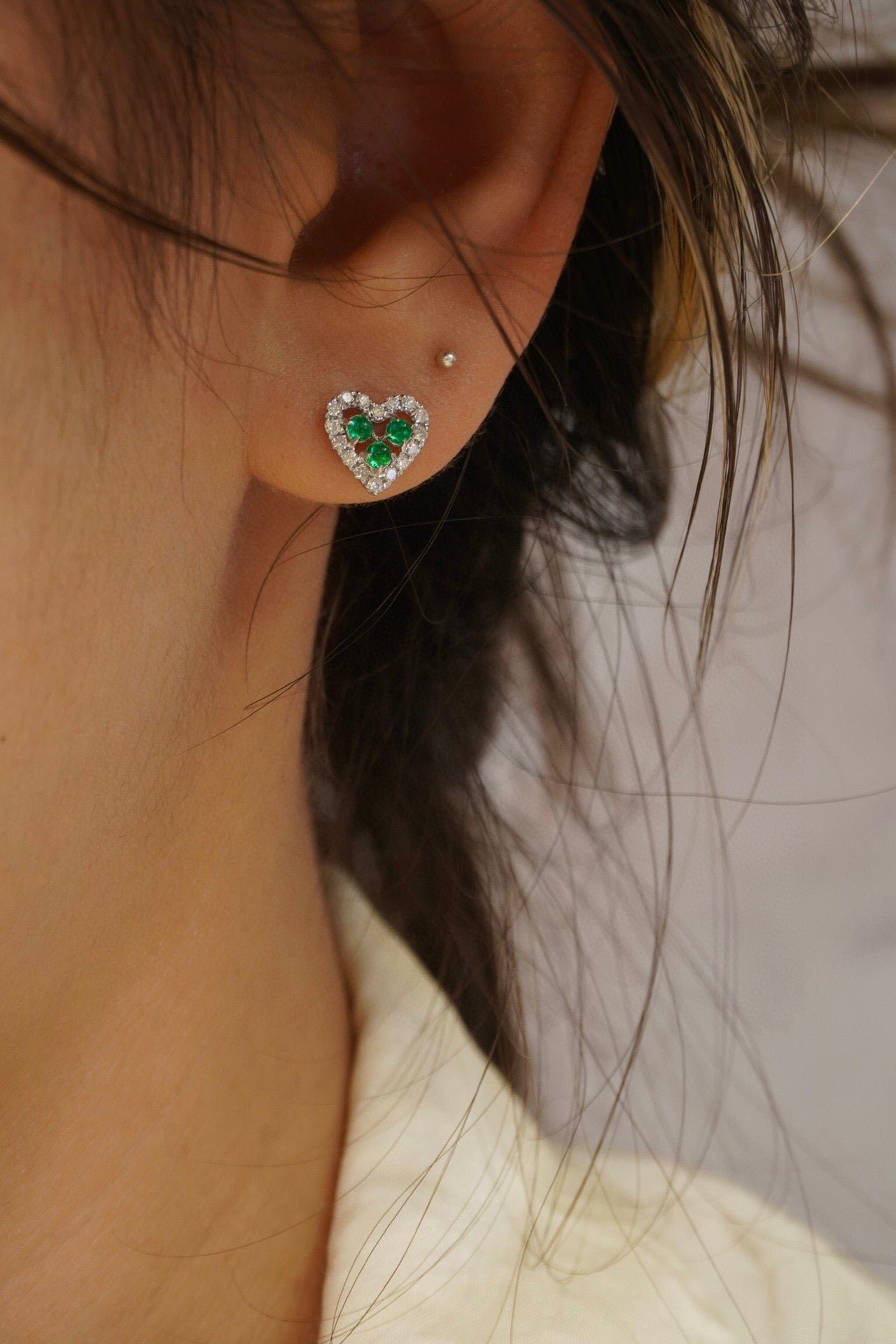 Lovely 18K Solid Gold Genuine Emerald Diamond Heart Stud Earrings, Wedding Earrings