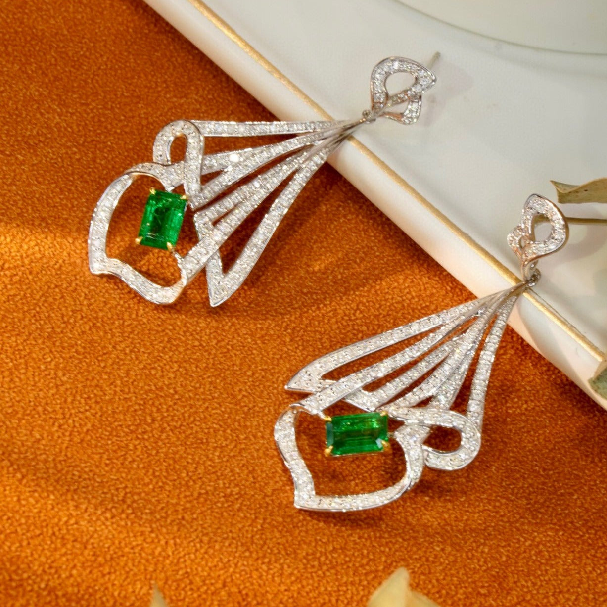 Fancy 18K Solid Gold Genuine Emerald Diamond Dangle Earrings, Wedding Earrings, Statement Earrings