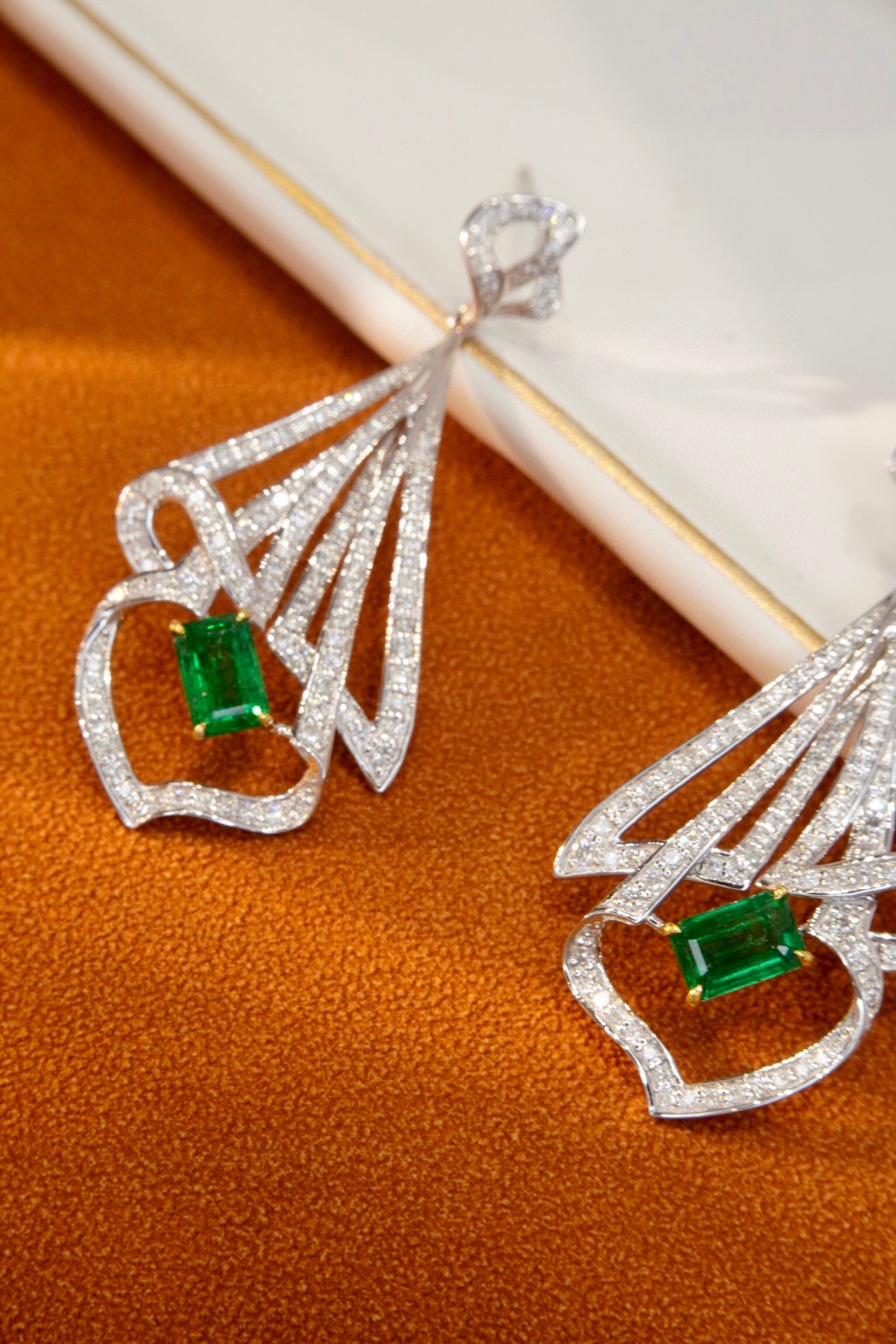 Fancy 18K Solid Gold Genuine Emerald Diamond Dangle Earrings, Wedding Earrings, Statement Earrings