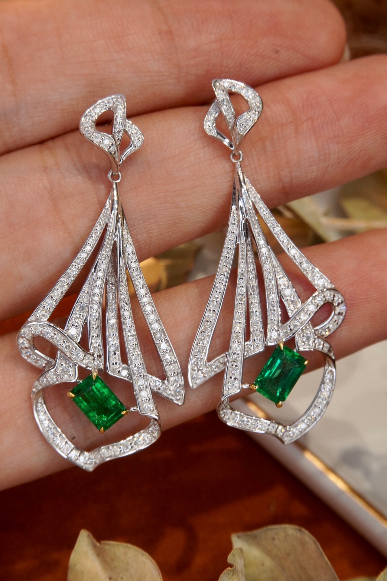 Fancy 18K Solid Gold Genuine Emerald Diamond Dangle Earrings, Wedding Earrings, Statement Earrings