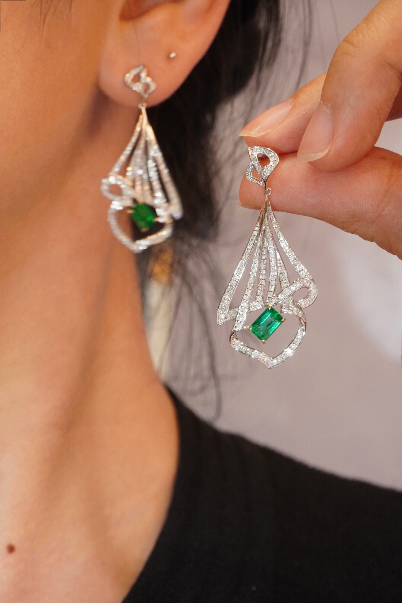 Fancy 18K Solid Gold Genuine Emerald Diamond Dangle Earrings, Wedding Earrings, Statement Earrings