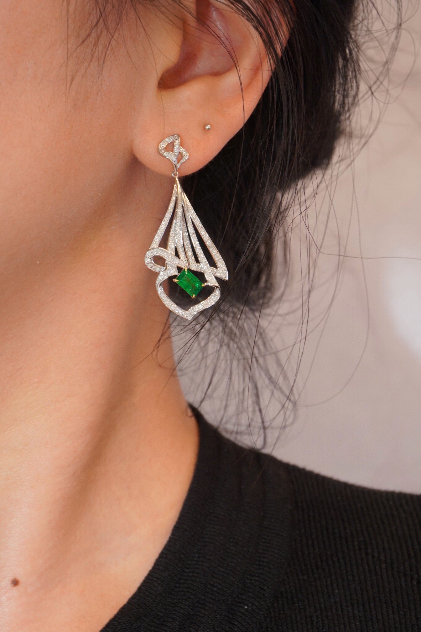 Fancy 18K Solid Gold Genuine Emerald Diamond Dangle Earrings, Wedding Earrings, Statement Earrings