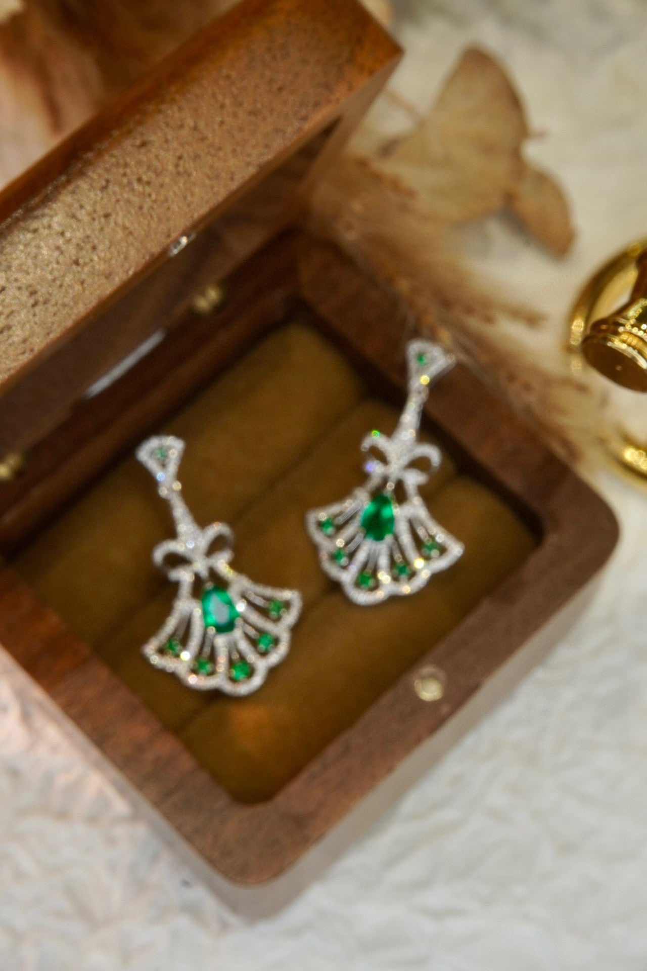 Art Deco 18K Solid Gold Genuine Emerald Diamond Skirt Earrings, Engagement Earrings