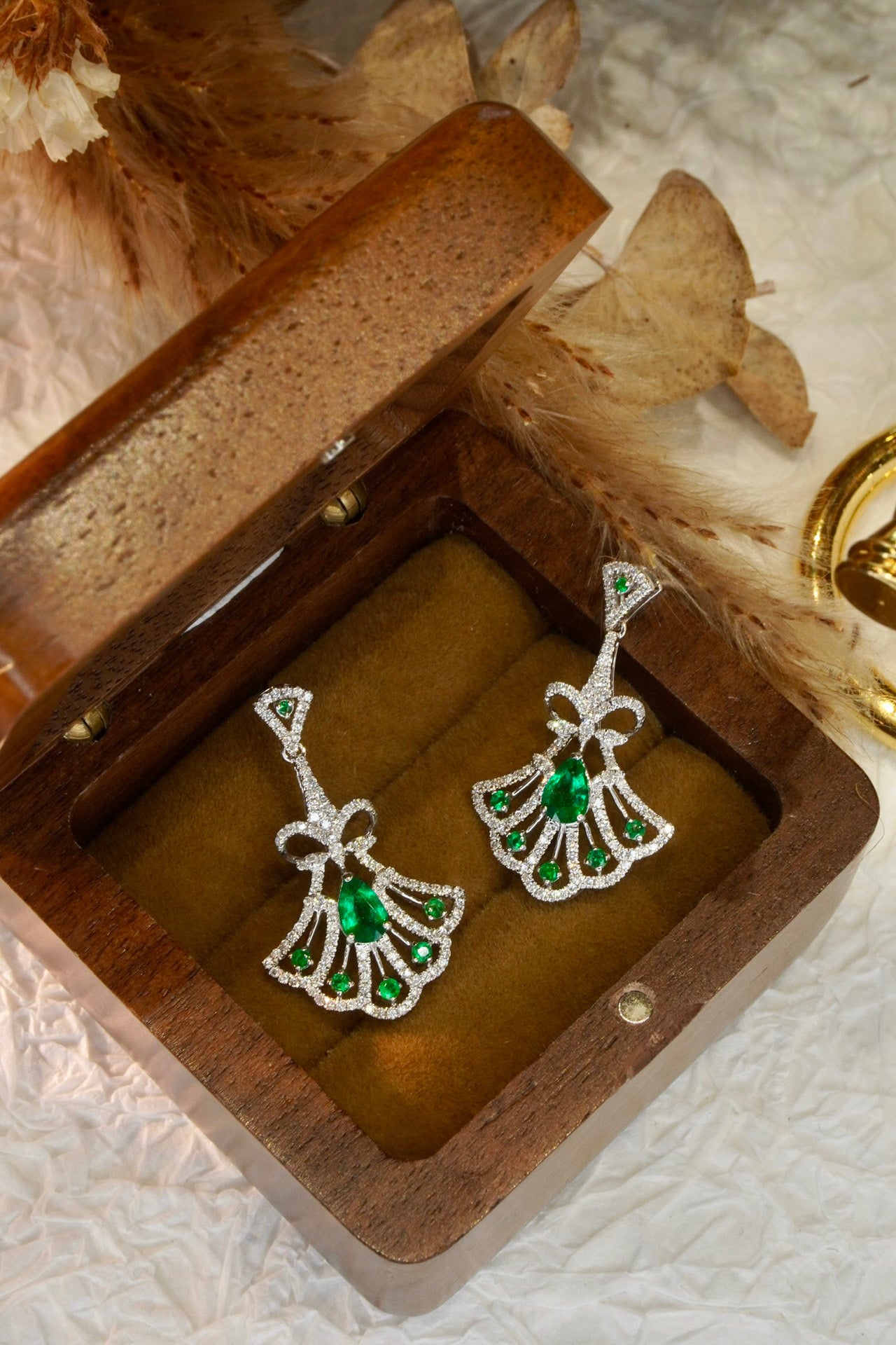 Art Deco 18K Solid Gold Genuine Emerald Diamond Skirt Earrings, Engagement Earrings