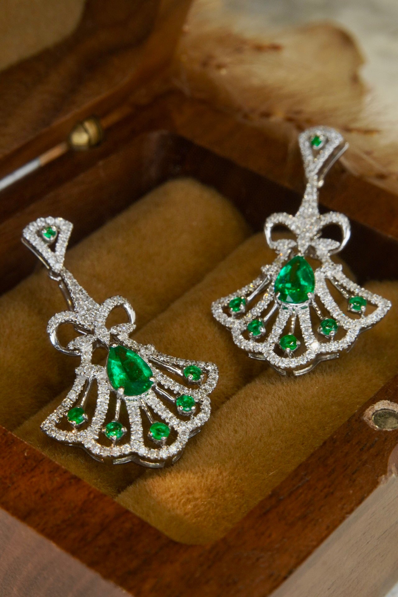 Art Deco 18K Solid Gold Genuine Emerald Diamond Skirt Earrings, Engagement Earrings