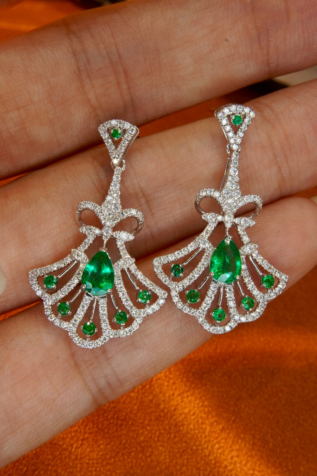 Art Deco 18K Solid Gold Genuine Emerald Diamond Skirt Earrings, Engagement Earrings