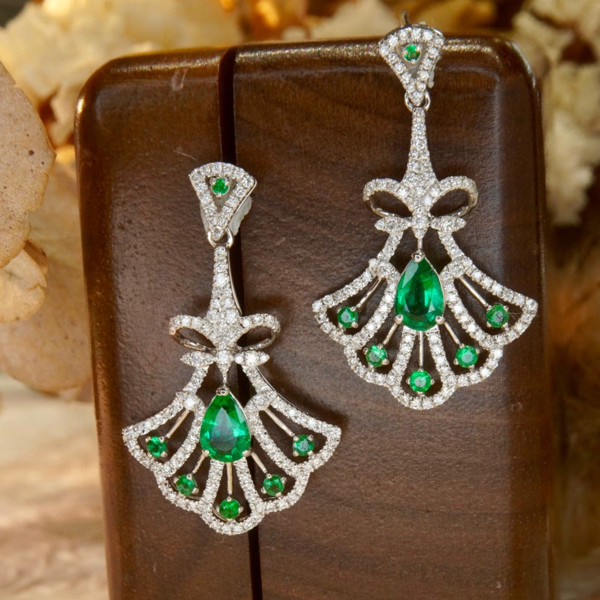 Art Deco 18K Solid Gold Genuine Emerald Diamond Skirt Earrings, Engagement Earrings