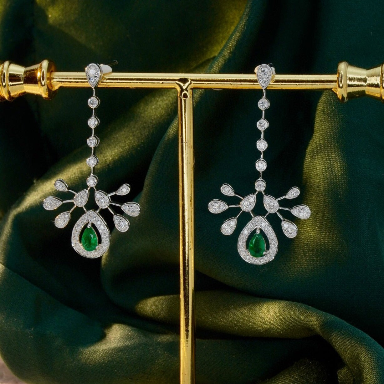 Classic 18K Solid Gold Genuine Emerald Diamond Dangle Earrings, Wedding Earrings