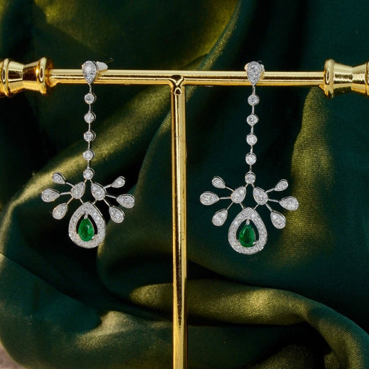 Classic 18K Solid Gold Genuine Emerald Diamond Dangle Earrings, Wedding Earrings