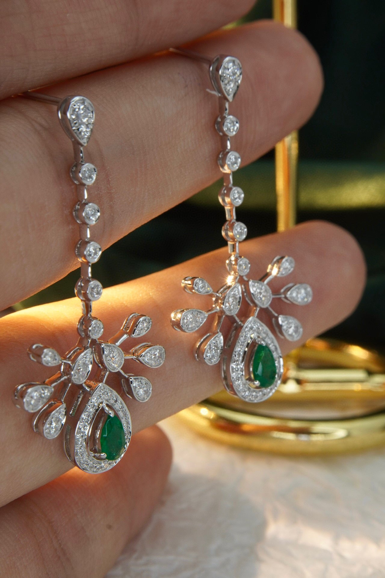 Classic 18K Solid Gold Genuine Emerald Diamond Dangle Earrings, Wedding Earrings