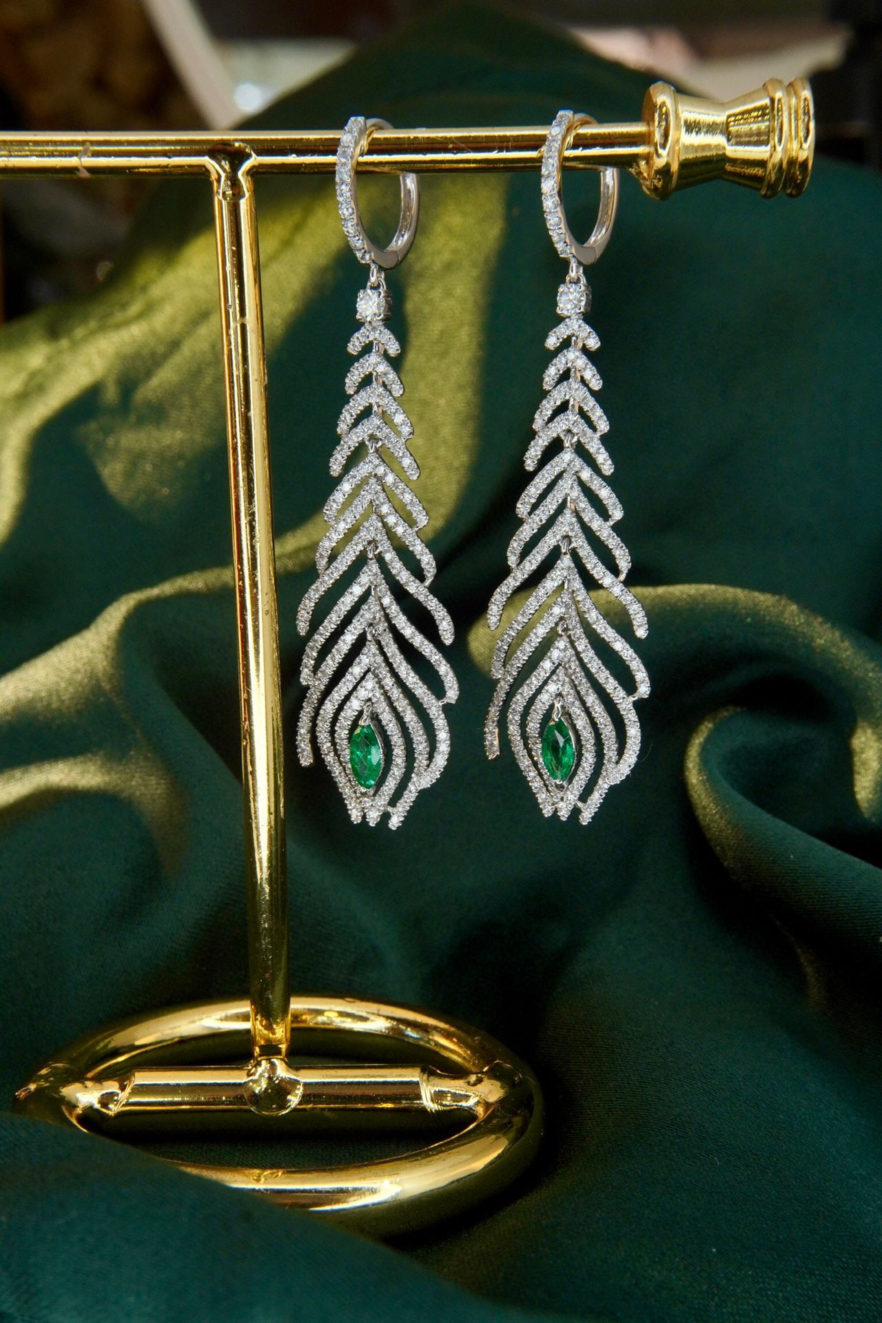 Vintage 18K Solid Gold Genuine Emerald Diamond Dangle Leather Hoop Earrings, Statement Earrings