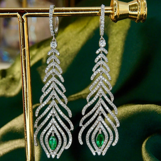 Vintage 18K Solid Gold Genuine Emerald Diamond Dangle Leather Hoop Earrings, Statement Earrings