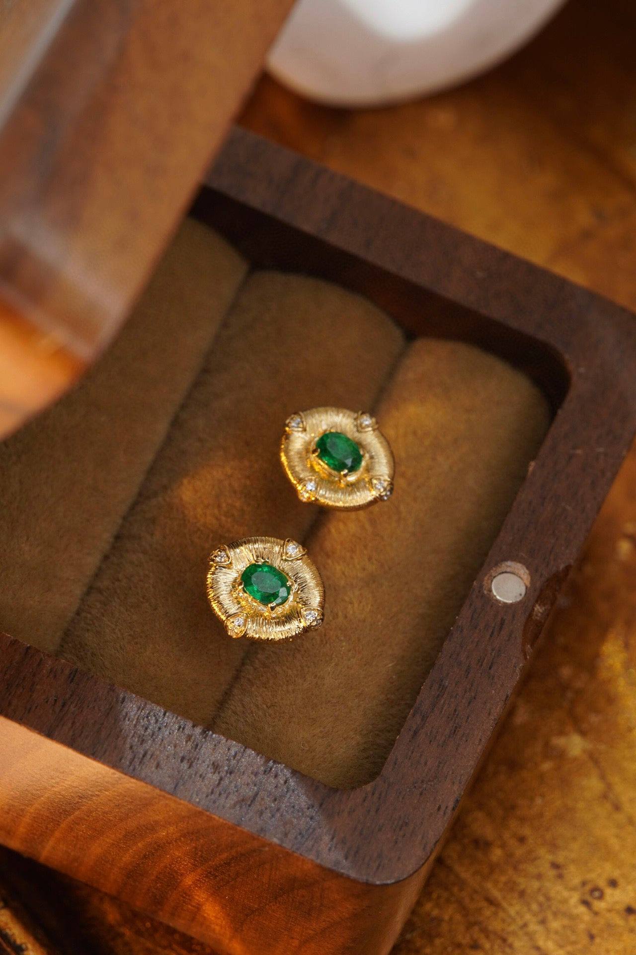 Vintage 18K Solid Gold Genuine Emerald Diamond Stud Earrings, Wedding Earrings