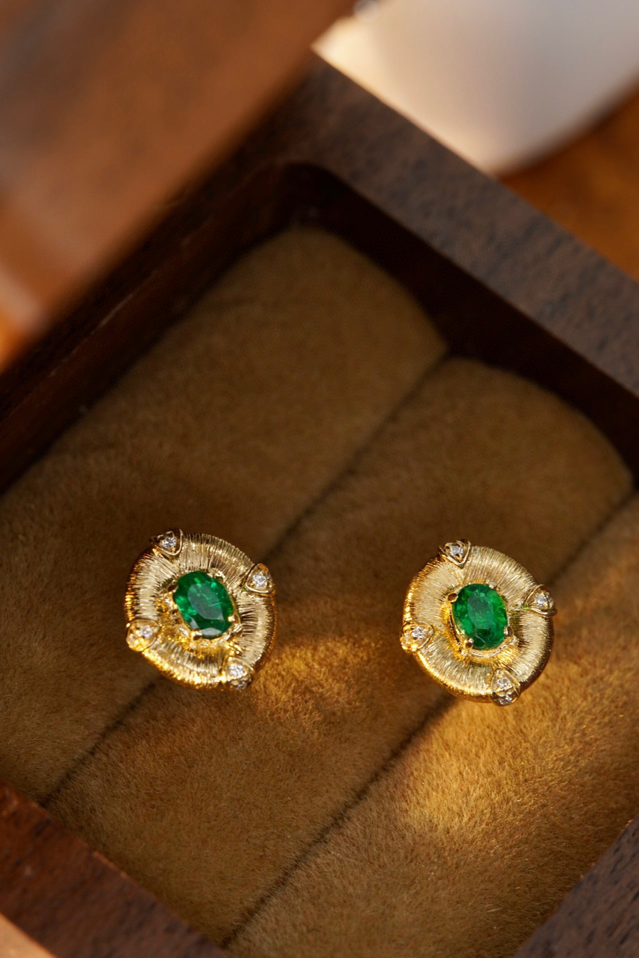 Vintage 18K Solid Gold Genuine Emerald Diamond Stud Earrings, Wedding Earrings