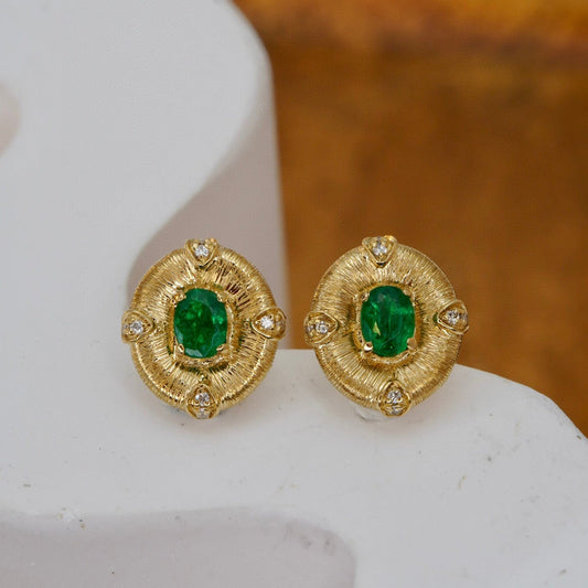 Vintage 18K Solid Gold Genuine Emerald Diamond Stud Earrings, Wedding Earrings