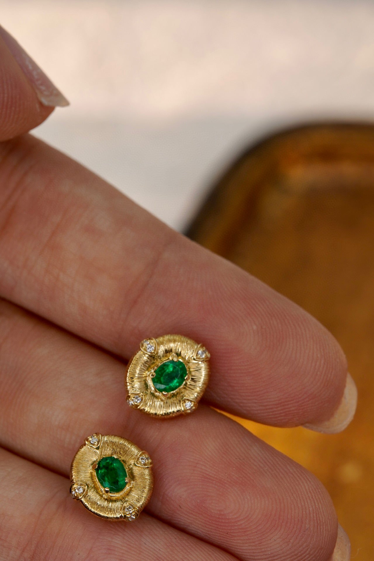 Vintage 18K Solid Gold Genuine Emerald Diamond Stud Earrings, Wedding Earrings