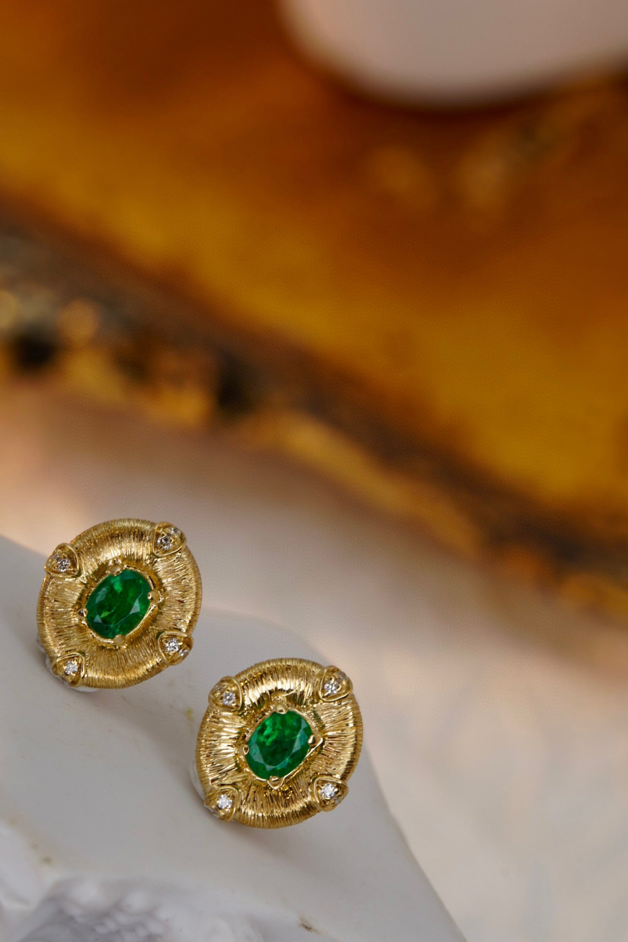 Vintage 18K Solid Gold Genuine Emerald Diamond Stud Earrings, Wedding Earrings