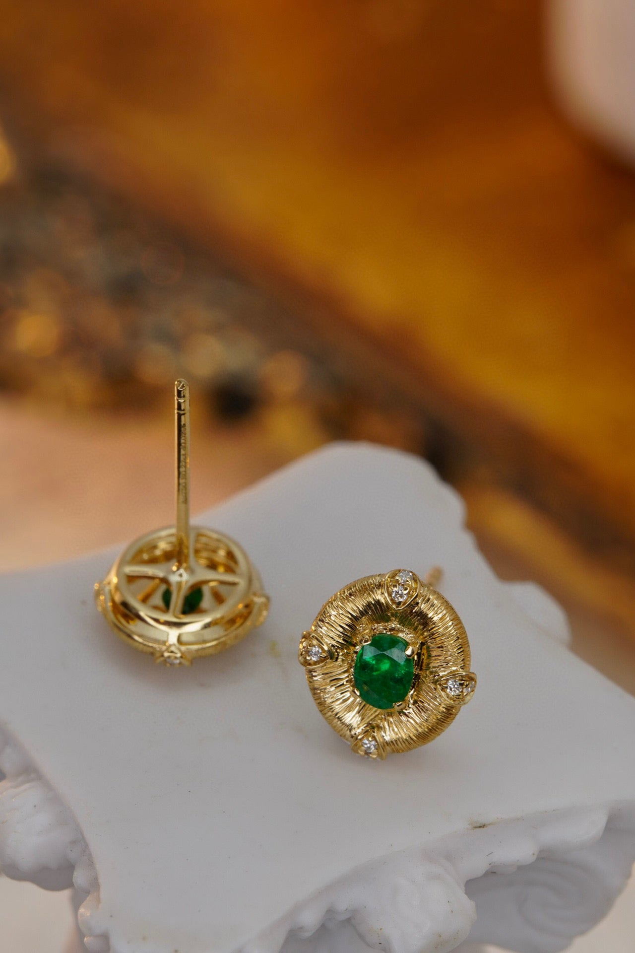 Vintage 18K Solid Gold Genuine Emerald Diamond Stud Earrings, Wedding Earrings