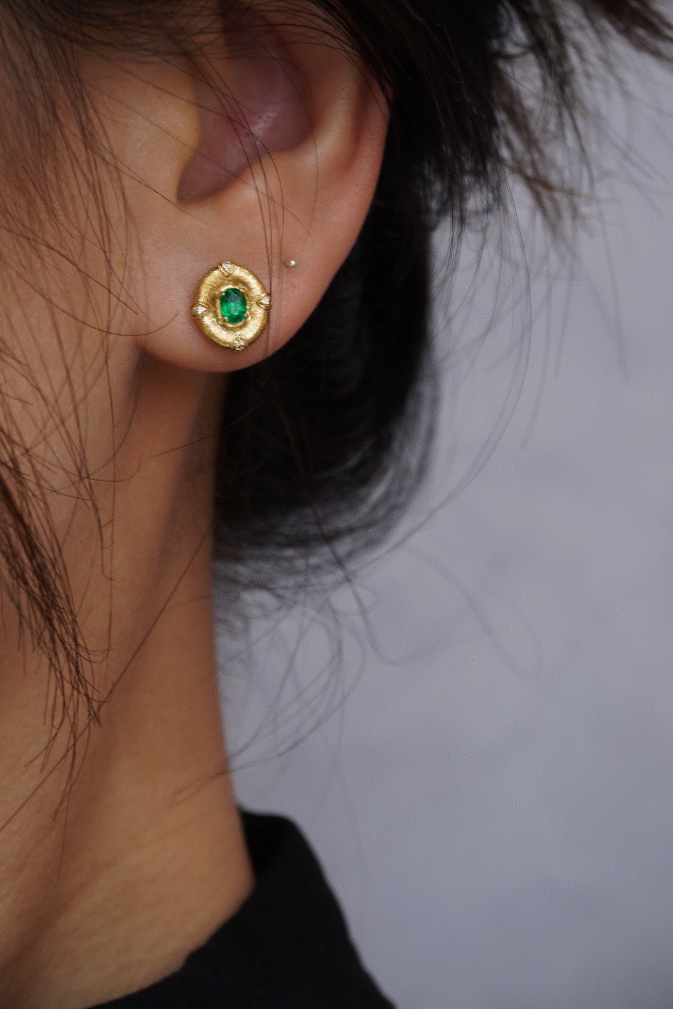 Vintage 18K Solid Gold Genuine Emerald Diamond Stud Earrings, Wedding Earrings