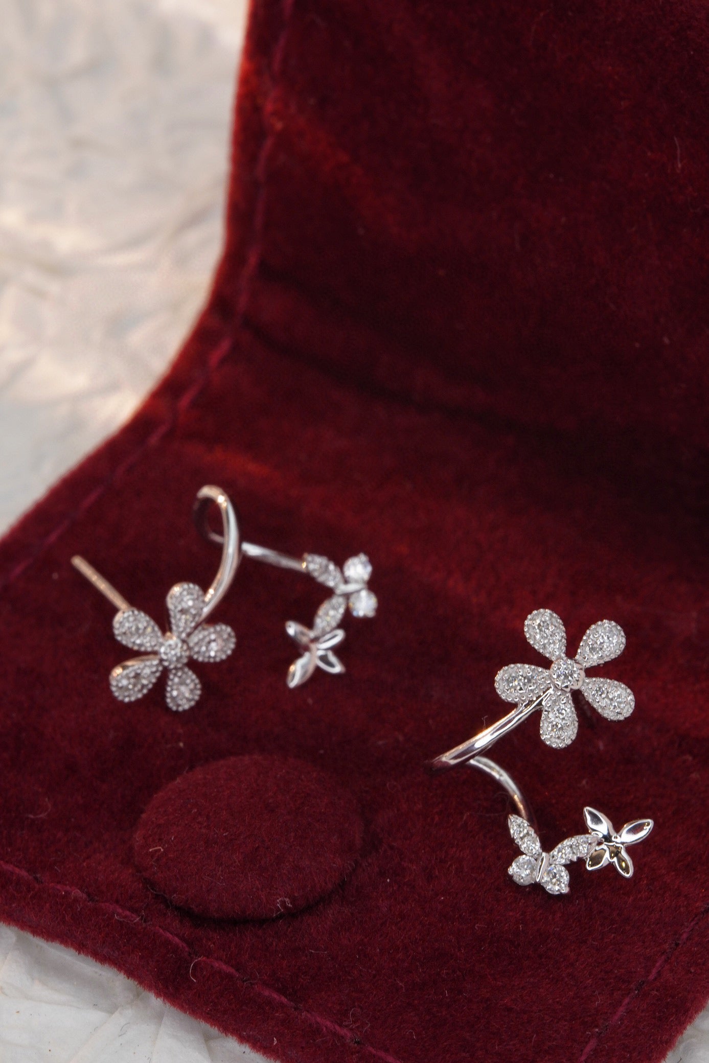 18K Solid Gold Diamond Flower Earrings, Wedding Earrings