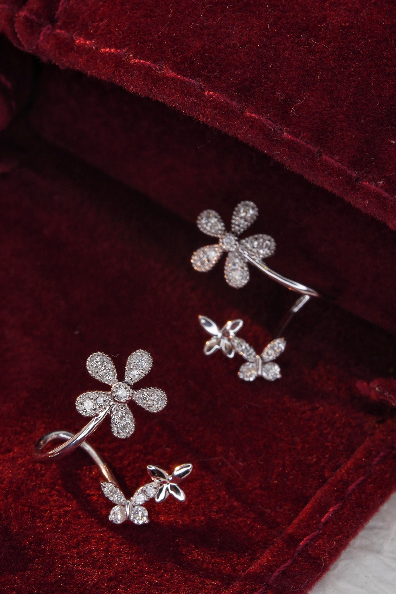 18K Solid Gold Diamond Flower Earrings, Wedding Earrings