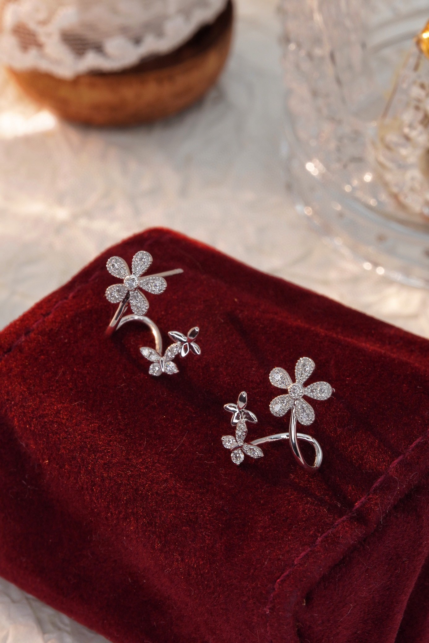 18K Solid Gold Diamond Flower Earrings, Wedding Earrings