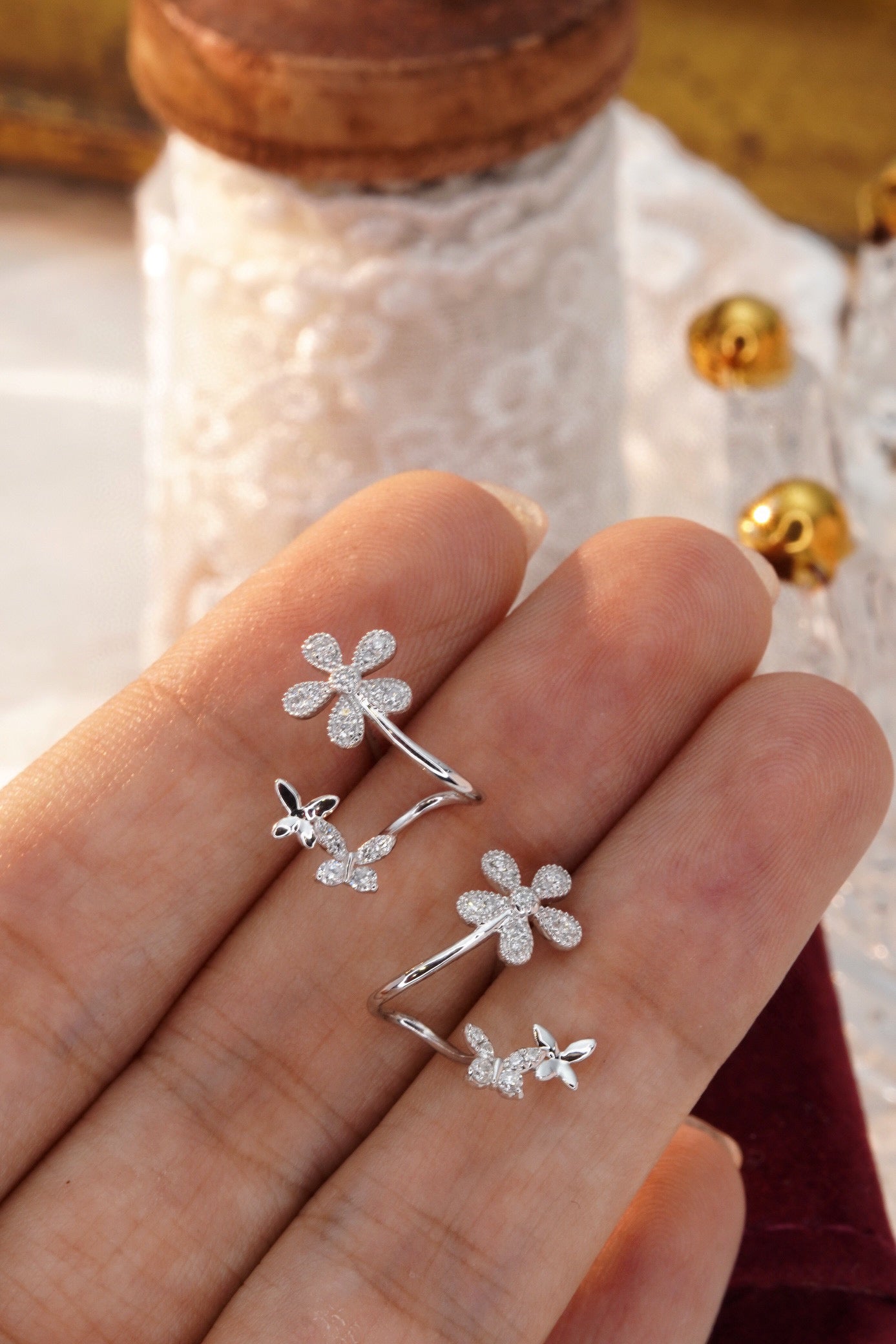 18K Solid Gold Diamond Flower Earrings, Wedding Earrings