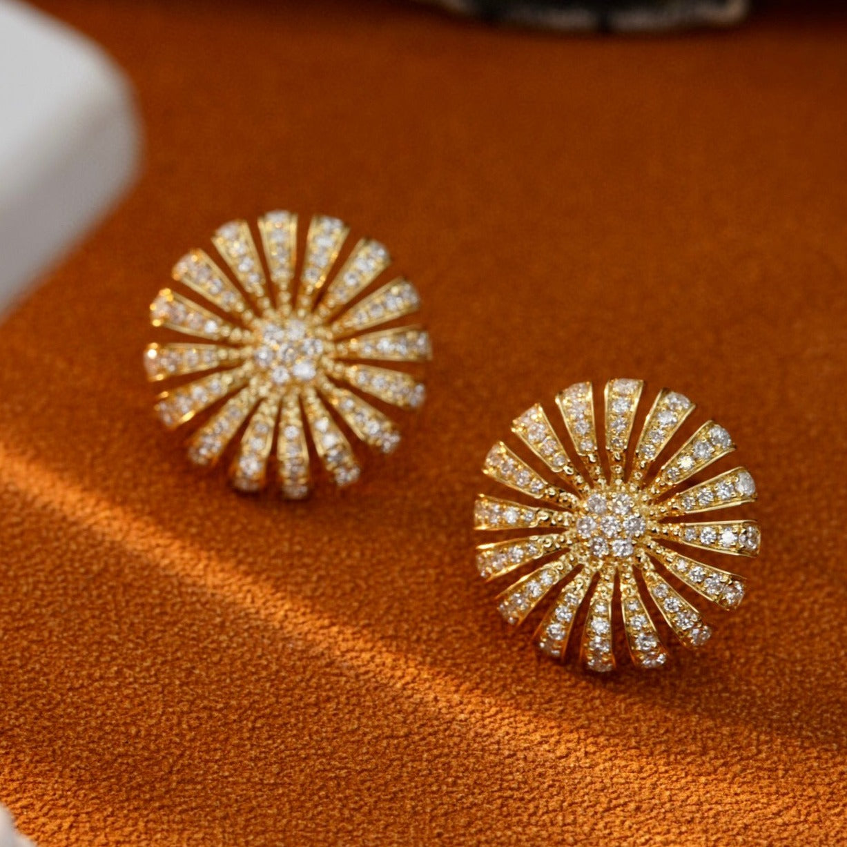 Fancy 18K Solid Gold Full Diamond Sunflower Stud Earrings, Statement Earrings