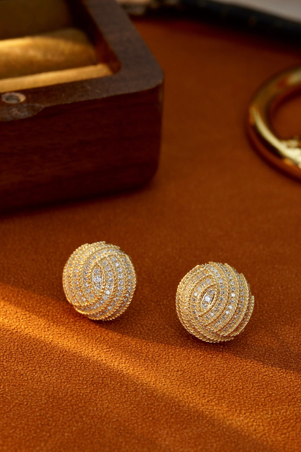 Vintage 18K Solid Gold Full Diamond Ball Stud Earrings, Wedding Earrings