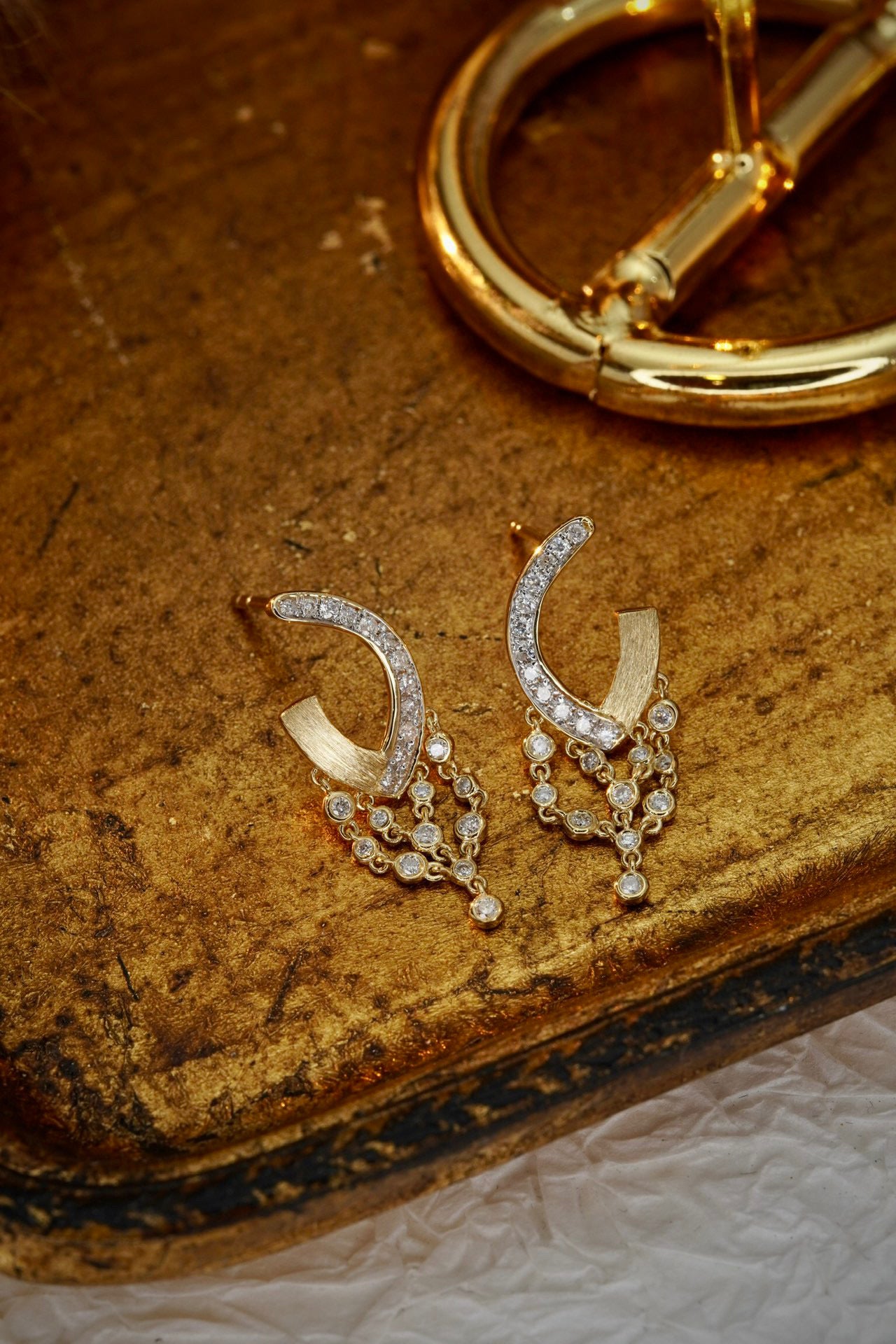 Art Deco 18K Solid Gold Diamond Earrings , Statement Earrings