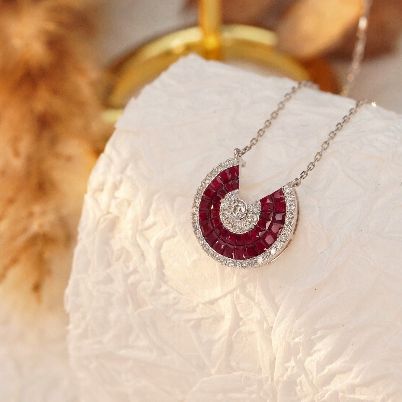 Vintage 18K Solid Gold Genuine Ruby Diamond Pendant Necklace