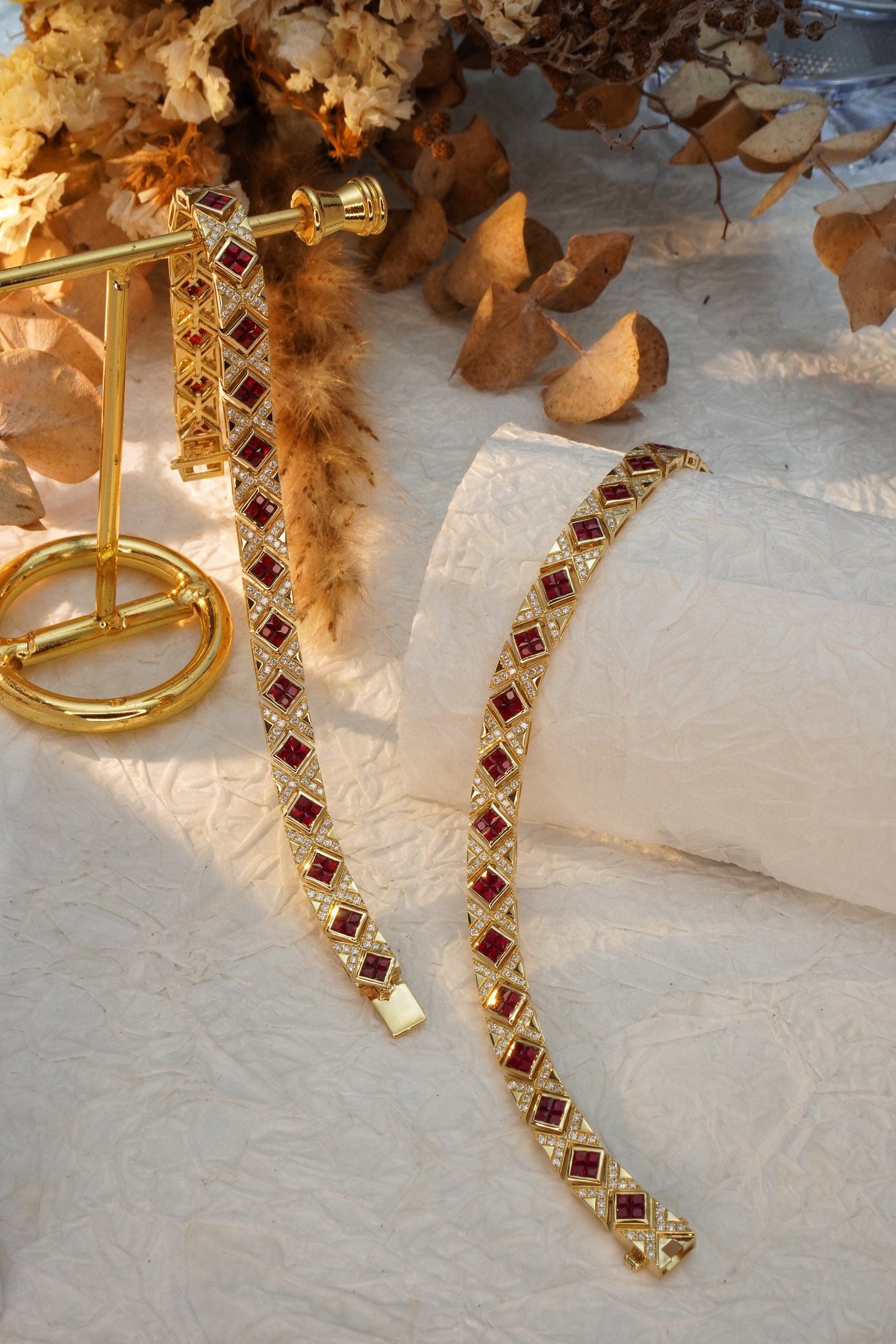 Art Deco 18K Solid Gold Genuine Ruby and Diamond Bracelet, Statement Bracelet