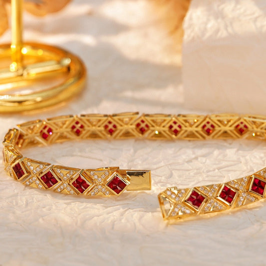 Art Deco 18K Solid Gold Genuine Ruby and Diamond Bracelet, Statement Bracelet