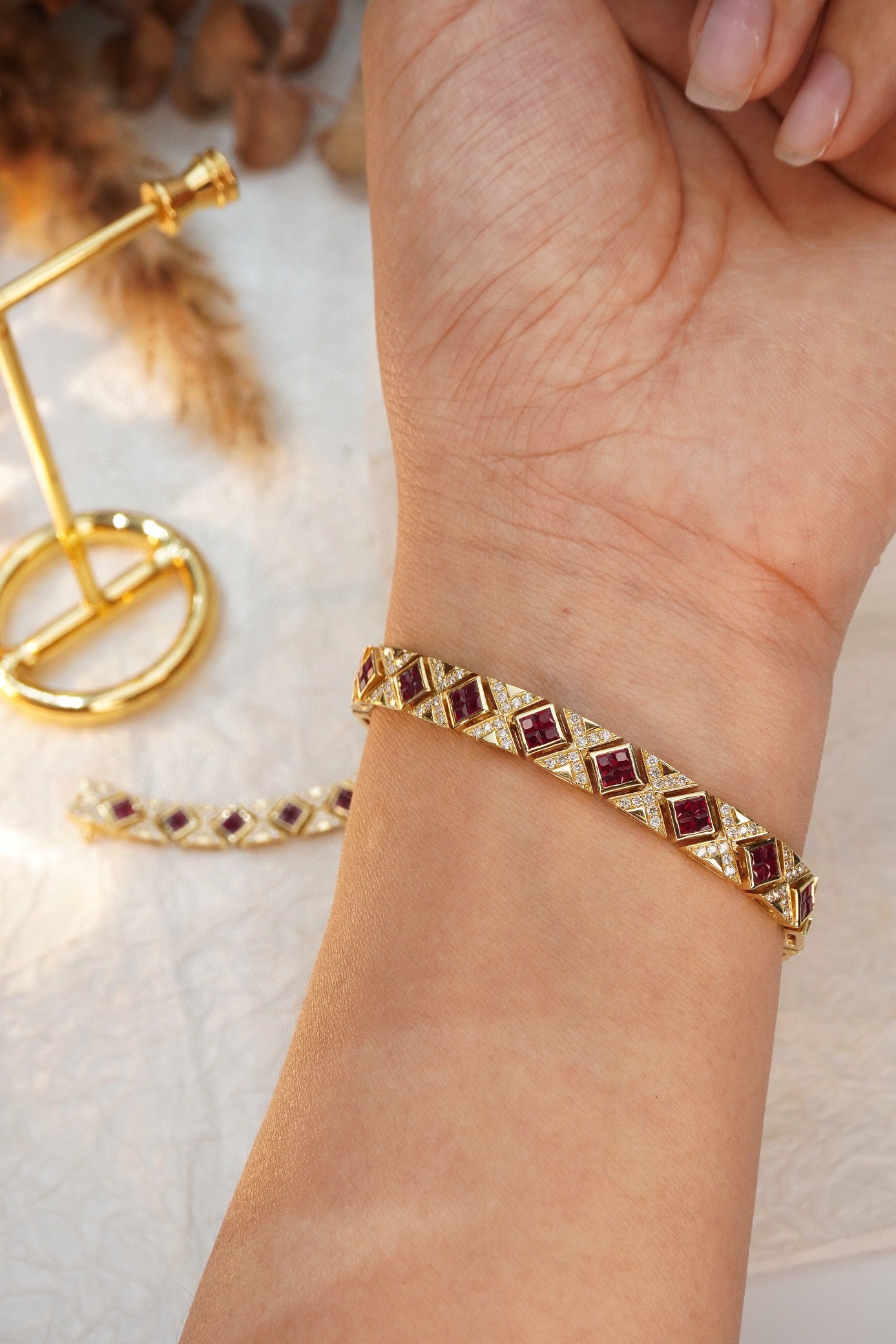 Art Deco 18K Solid Gold Genuine Ruby and Diamond Bracelet, Statement Bracelet