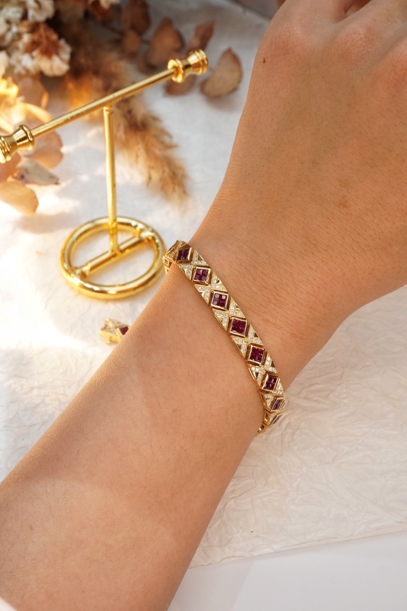 Art Deco 18K Solid Gold Genuine Ruby and Diamond Bracelet, Statement Bracelet