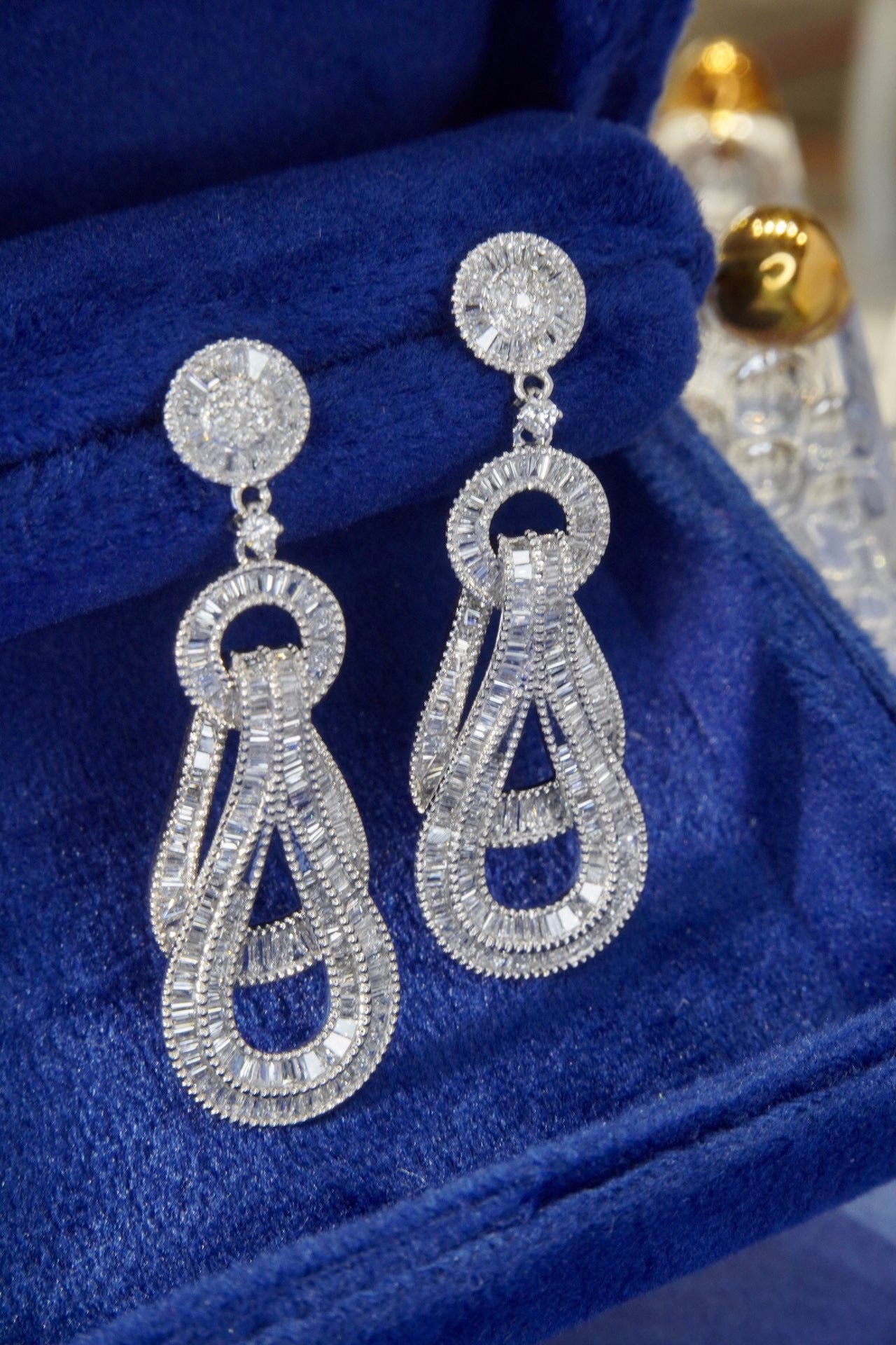 Fancy 18K Solid Gold Full Diamond Dangle Earrings, Wedding Earrings