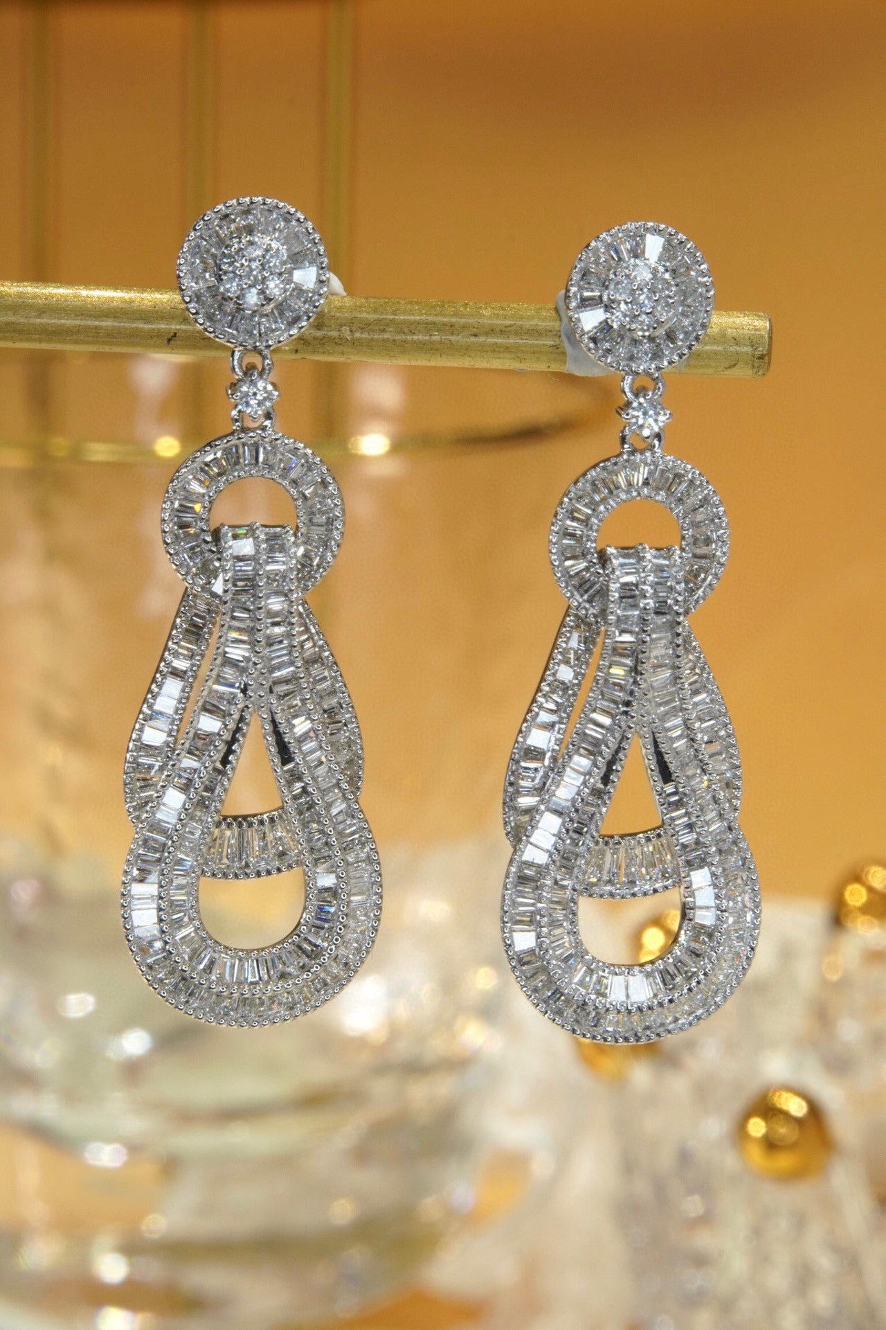 Fancy 18K Solid Gold Full Diamond Dangle Earrings, Wedding Earrings