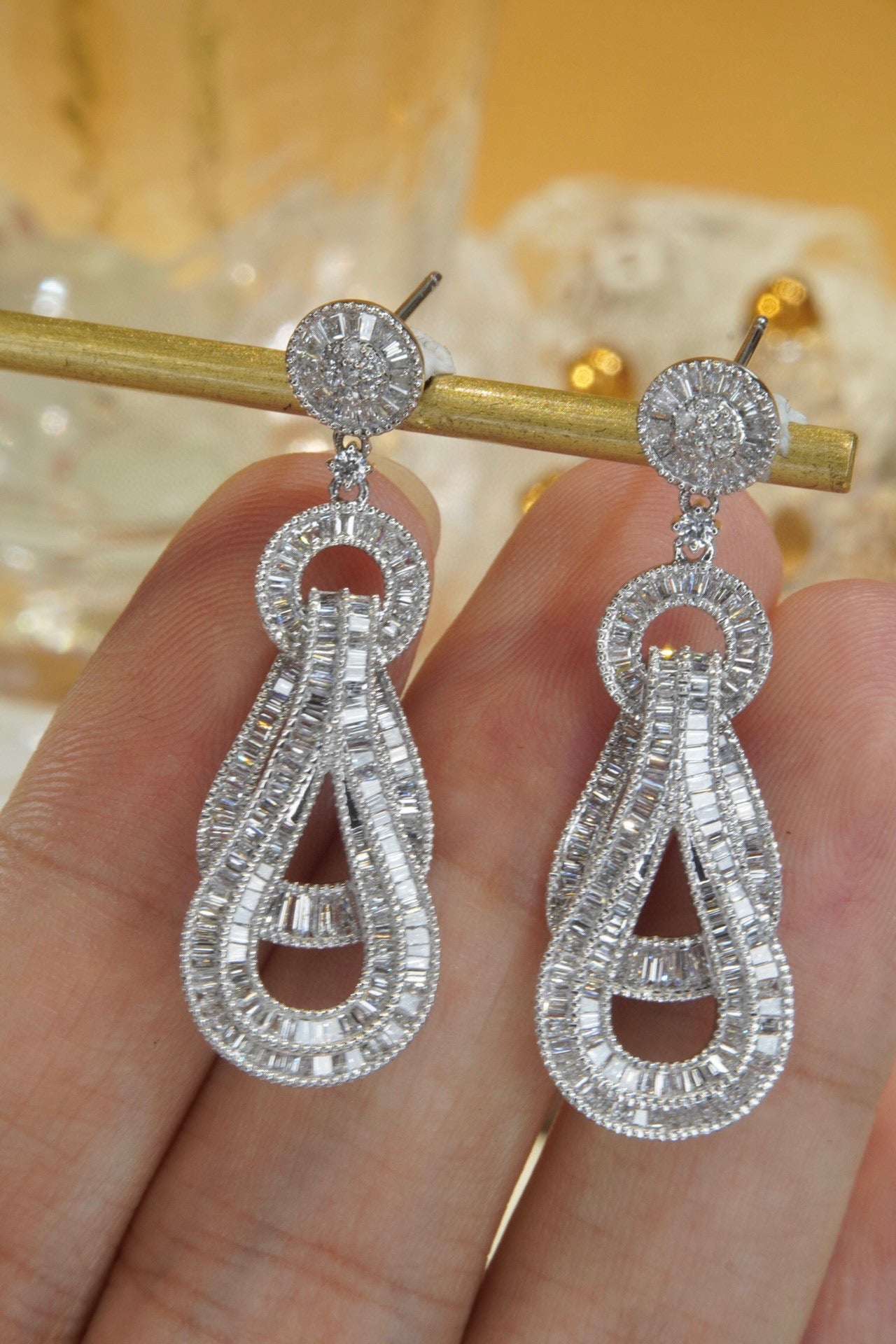 Fancy 18K Solid Gold Full Diamond Dangle Earrings, Wedding Earrings