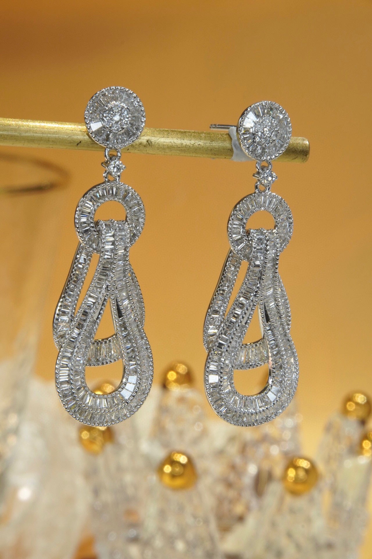 Fancy 18K Solid Gold Full Diamond Dangle Earrings, Wedding Earrings