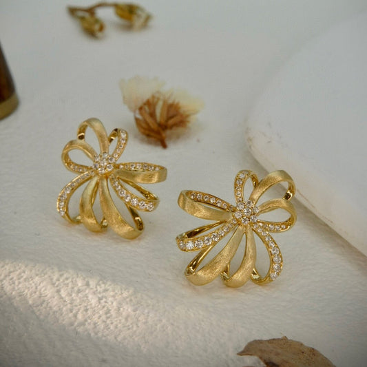 Vintage 18K Solid Gold Diamond Bow Stud Earrings, Statement Earrings