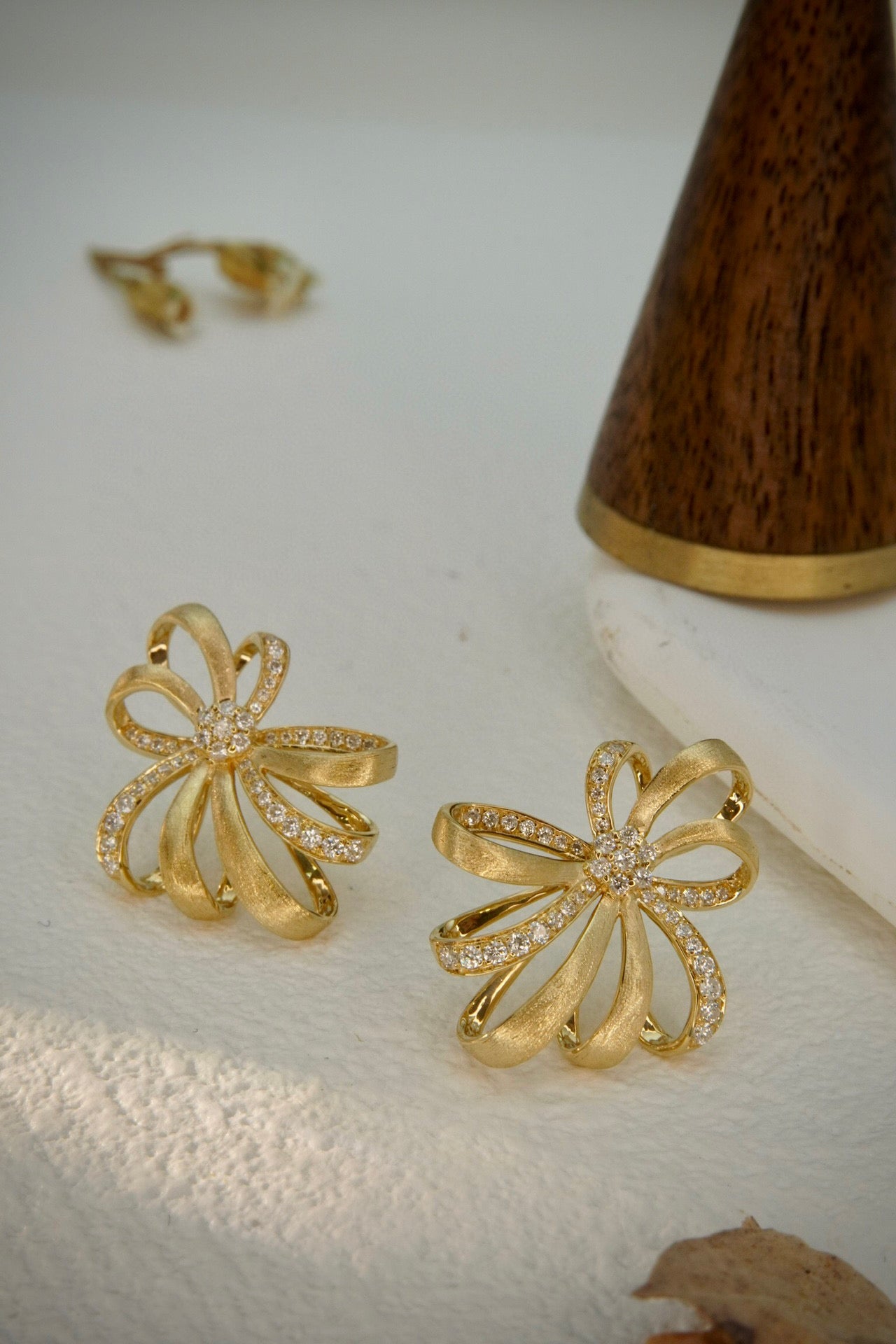 Vintage 18K Solid Gold Diamond Bow Stud Earrings, Statement Earrings