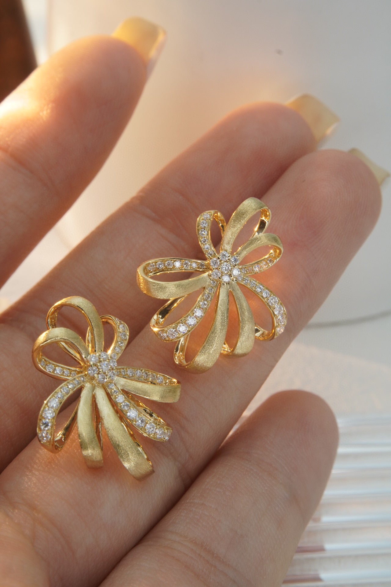 Vintage 18K Solid Gold Diamond Bow Stud Earrings, Statement Earrings