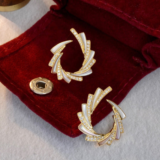 Vintage 18K Solid Gold Diamond Wave style Earrings, Statement Earrings, gift for her