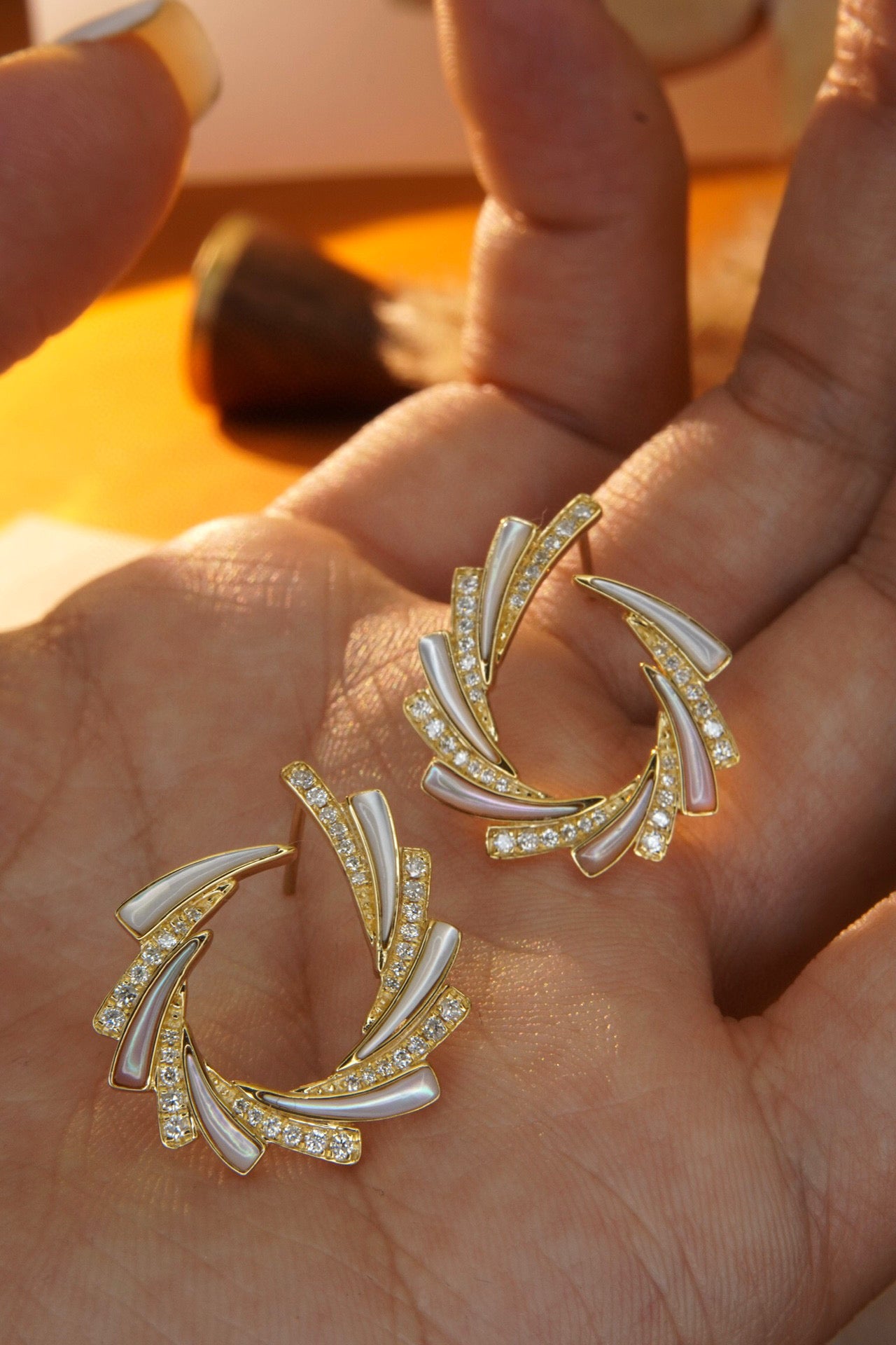 Vintage 18K Solid Gold Diamond Wave style Earrings, Statement Earrings, gift for her