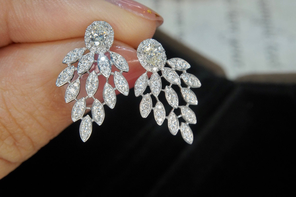 Fancy 18K Solid Gold Full Diamond Dangle Leaf Stud Earrings, Wedding Earrings